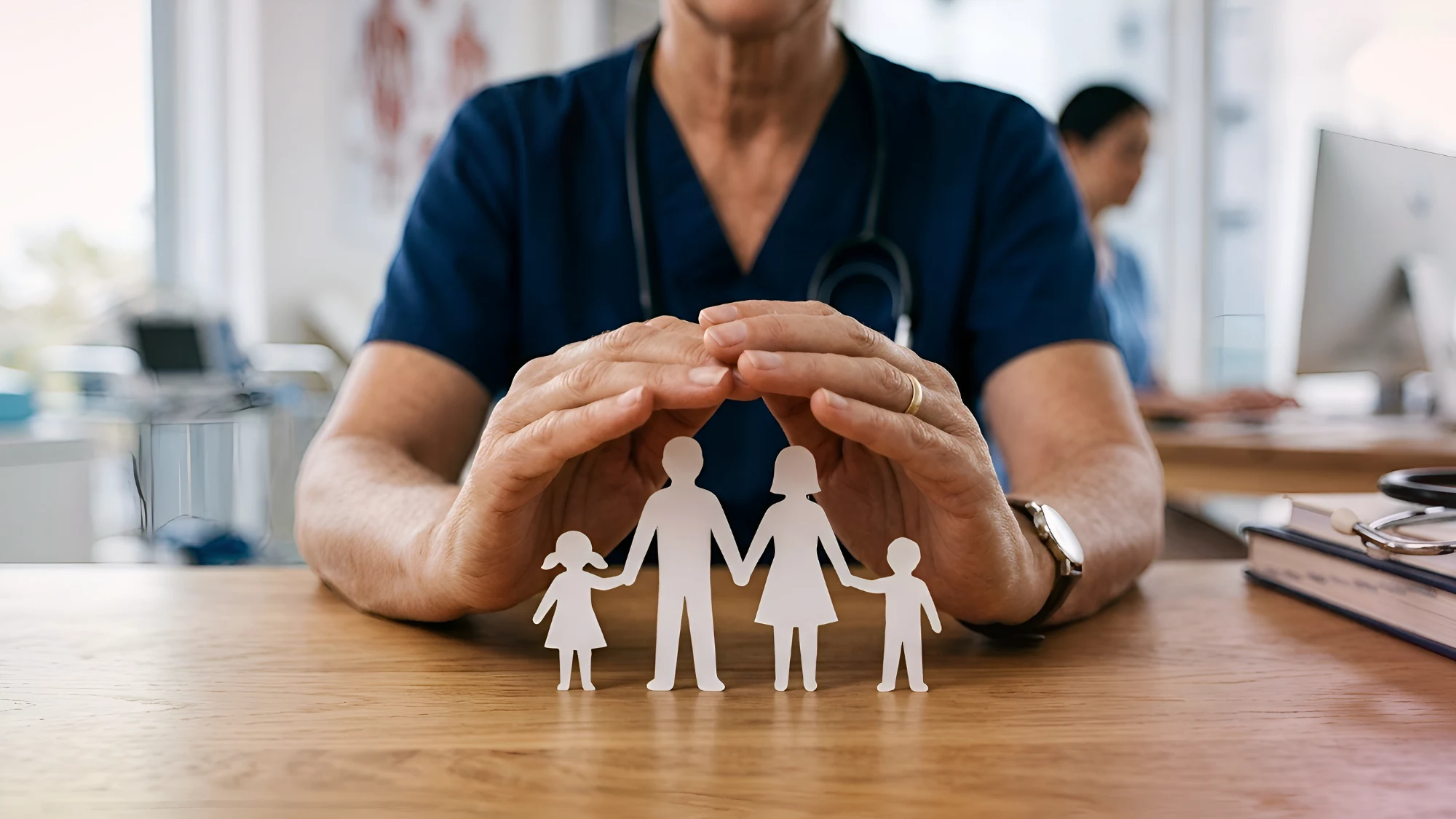 Doctors and nurses caring for happy family members together