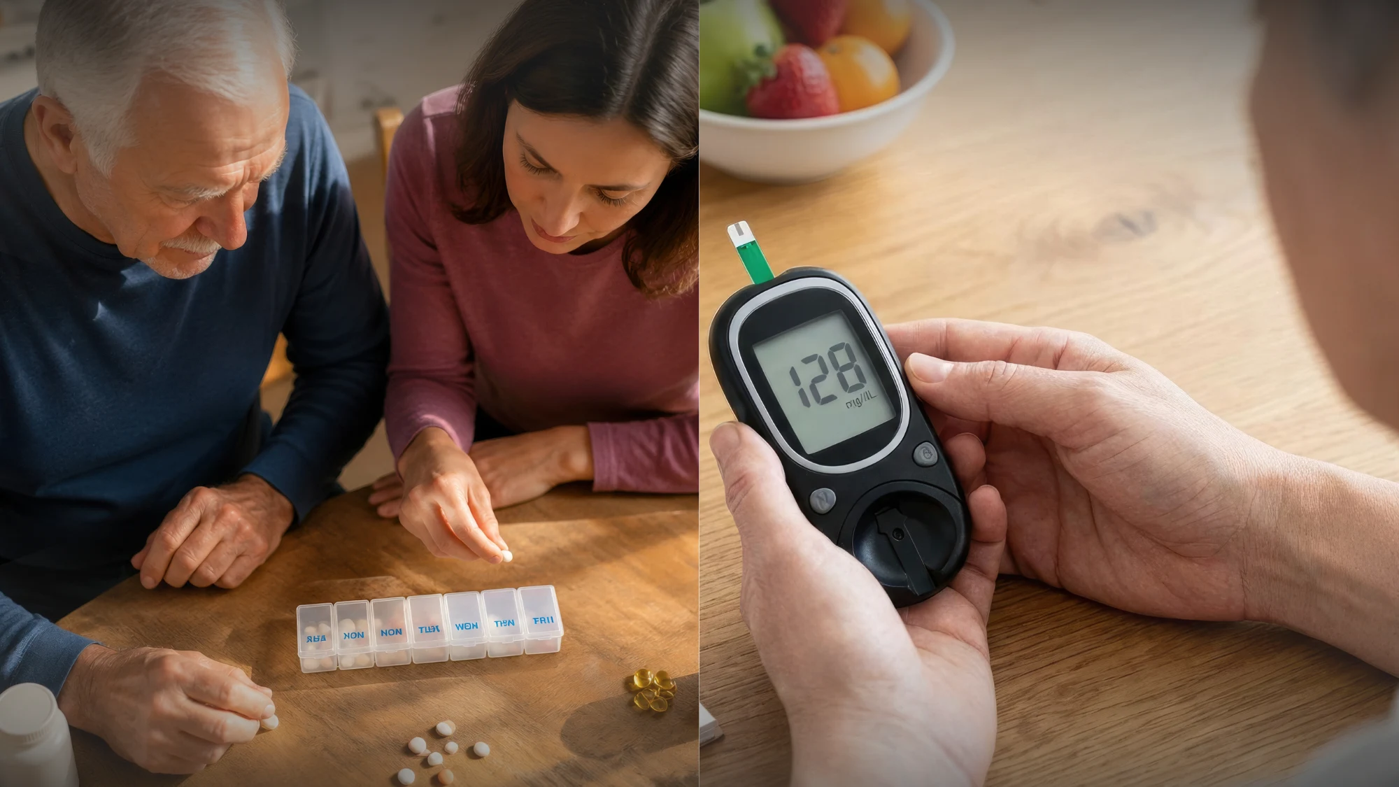 Chronic disease management strategies including medication organization and blood sugar monitoring to help prevent complications.